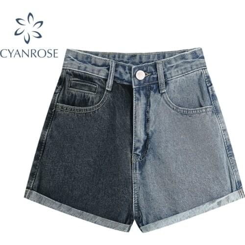 2021 Summer New Patchwork Jean Shorts Women Wide Leg Fashion Vintage Streetwear Casual High Waist Straight Denim Shorts Female