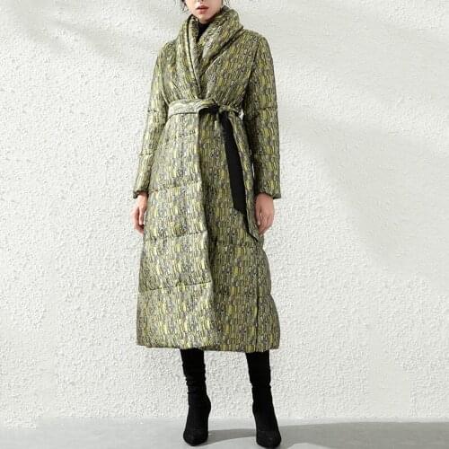 Winter new jacquard down jacket female double-layer v-neck long belt thickening feather coat of cultivate morality