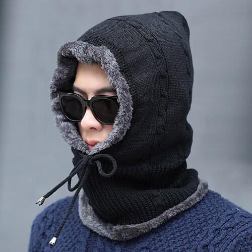 Winter Mens Warm Knitted Woolen Hat and Velvet Cycling One-Piece Windproof Neck and Earguard Caps