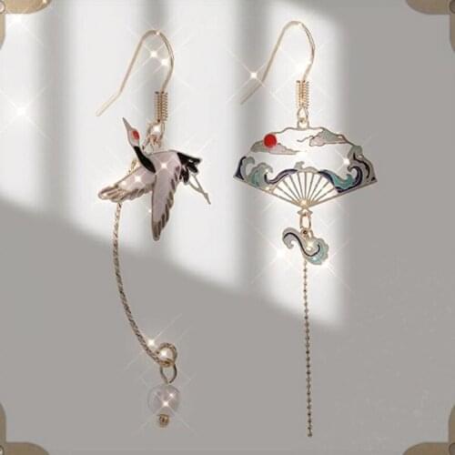 1 Pair Chinese Elements Hollow Fan Chain Tassel Pearl Pendant Lotus Leaf Cherry Blossoms Cloud Long Drop Earrings for Women