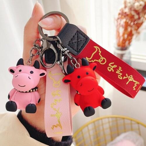 Lovely Doll Cow Calf Couples Keychain For Girls Boys Key Chain Women PU Letter StrapTrinkle Key Ring Chains Car Bag Charm D800