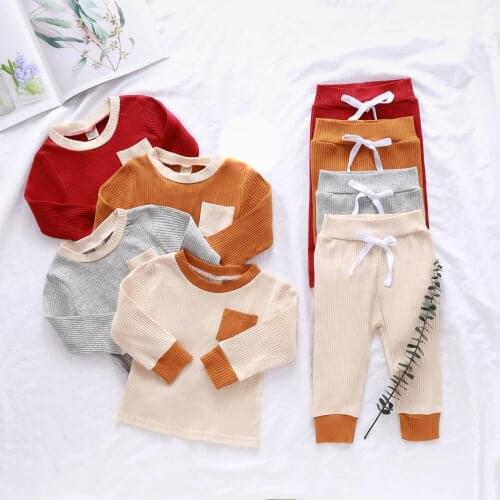 Newborn Baby Boys Girls Clothes Set Long Sleeves T-shirt+Trousers Casual Simple Color Round Neck Ribbed Autumn Spring Clothing