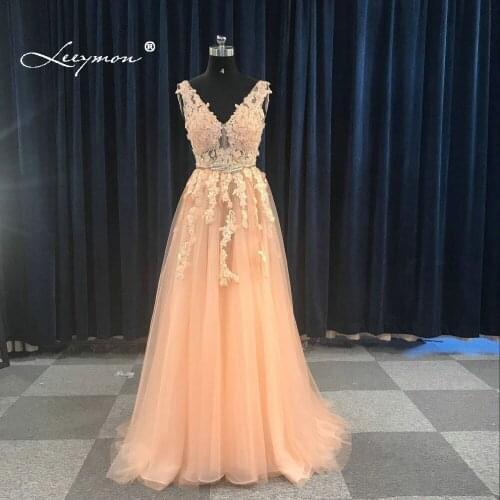 Leeymon V-Neck Prom Dresses Sheer Back Lace Evening Party Dress A-Line Vestido De Festa Cheap Long Prom Dress LY7223