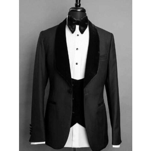 Custom Made Men Suits Black Groom Tuxedos Shawl Velvet Lapel Groomsmen Wedding Best Man ( Jacket+Pants+Vest+Tie ) C952