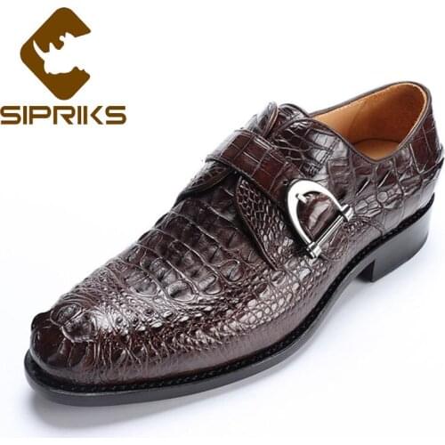 Sipriks Imported Brown Crocodile Leather Shoes Mens Luxury Buckle Strap Dress Shoes Italian Custom Goodyear welt Gents Suit Shoe