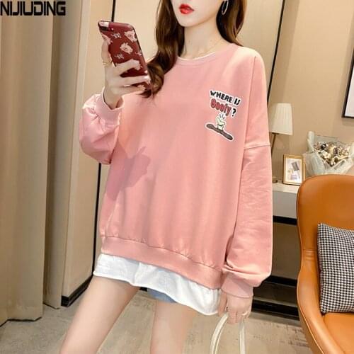 NIJIUDING Sweatshirts For Womens 2020 Autumn Winter Fake Two Pieces Loose Preppy Style Cartoon Letter Print Cotton Tops Female