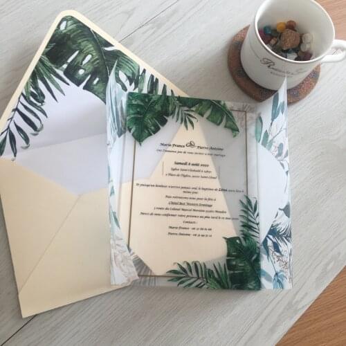 Newest 10pcs green leave custom wedding invitations colorful printing transparent clearacrylic invitation cards