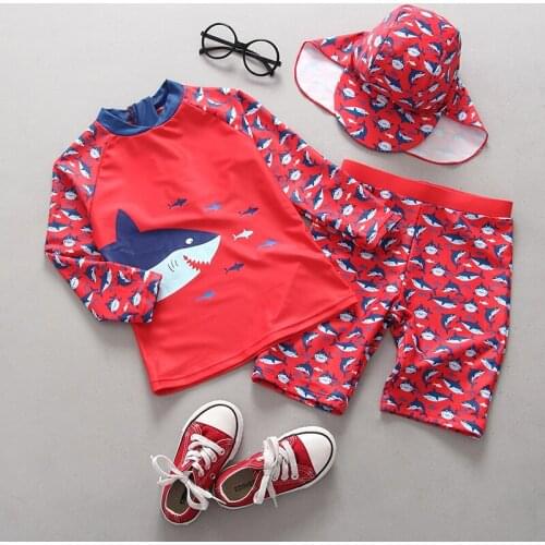 New 2020 Boys Swimsuit Shark Style Two Piece Childrens Swimwear Boys Swimwear Shark Bathing Suit With Hat HX-1873