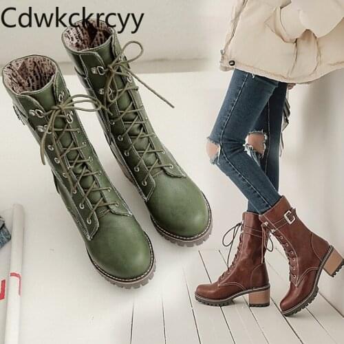 Winter The New fashion Round head Thick heel Martin boots Leisure Lace Plus velvet Keep warm High heel Women boots size 34-45