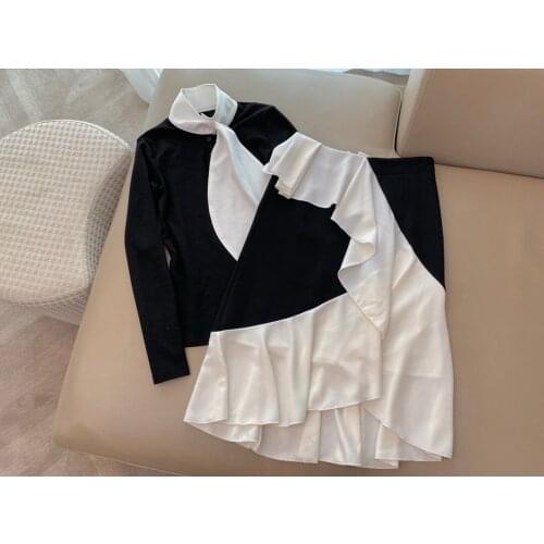 New Ladies Fashion 2021 Suit Contrast Color Ribbon Top + Black and White Splicing Skirt 2-piece Set 0118