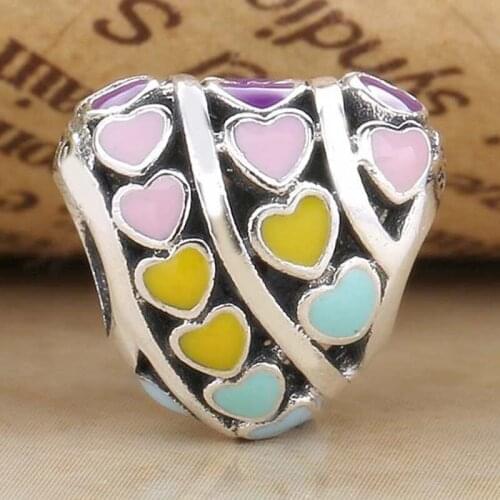Original Mix Enamel Openworl Rainbow Hearts Beads Fit 925 Sterling Silver Bead Charm Bracelet Bangle Diy Jewelry