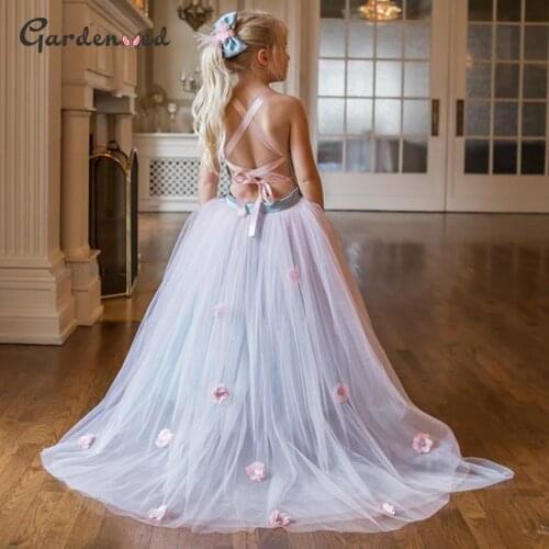 Flower Girl Dress Tulle Puffy Princess Gown For Girls Backless Girls Birthday Dress Lace-Up Child Wedding Party Gown