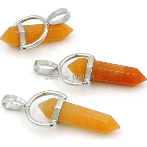 Red Aventurine Point & Green Aventurine Bead Pendants Hexagon Pillar Glued Copper Swing Casing Approx 47*17 mm