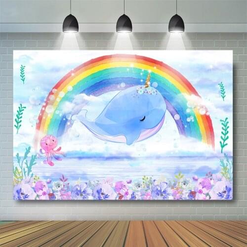 Rainbow Whale Floral Backdrop Fatasy Newborn Design Background for Photo Studio Baby Shower Backdrops Bubble Party Decoration