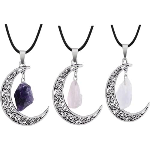 Reiki Quartz Charm Necklace Moon Shape with PU Cord Pink Quartz Pendant for Women Gift