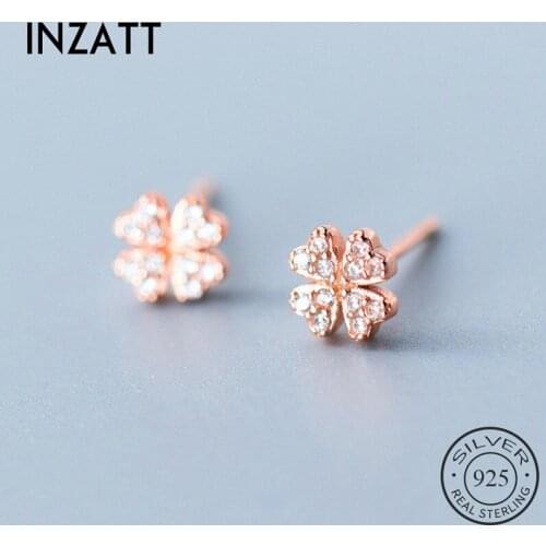INZATT Real 925 Sterling Silver Zircon Clover Stud Earring For Fashion Women Cute Fine Jewelry Minimalist Plant Accessories Gift