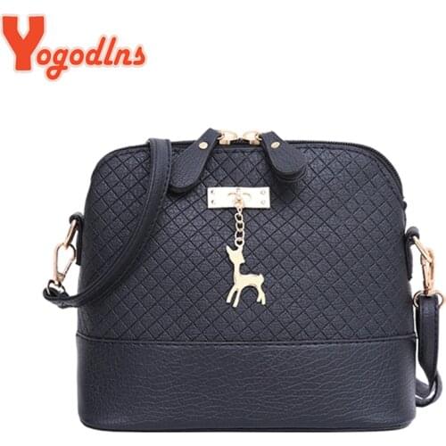 Yogodlns New female bags quality pu leather soft face women bag wild shoulder messenger bag Quilted shell bag pendant cute deer
