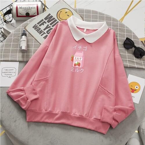 Cute Pink Cartoon Drink Hoodies Turn-down Collar Japanese Style Oversized Sweatshirts Long Sleeve Hoodies Kawaii Pocket Women