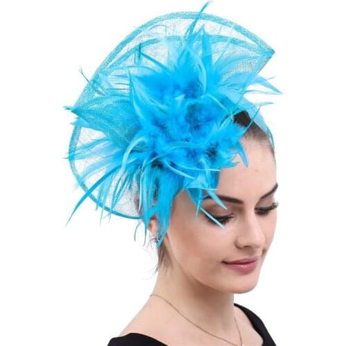 Spring Heavy Feathers Elegant Bridal Hats Linen Hats turquoise blue Big Hair Decoration Women Wedding Accessories boda SYF625