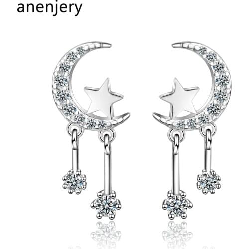 ANENJERY 925 Sterling Silver Simple Mosaic Zircon Moon Star Tassel Earring For Women Gift brincos oorbellen S-E813