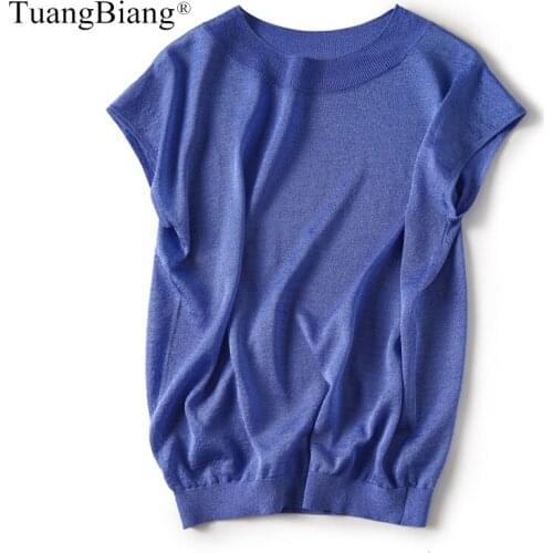 2021 Bright Silk Splicing Batwing Sleeve Women Thin Pullovers Loose Pink Blue Knit Tshirt Shiny Lady O-Neck Elastic Elegant Tops
