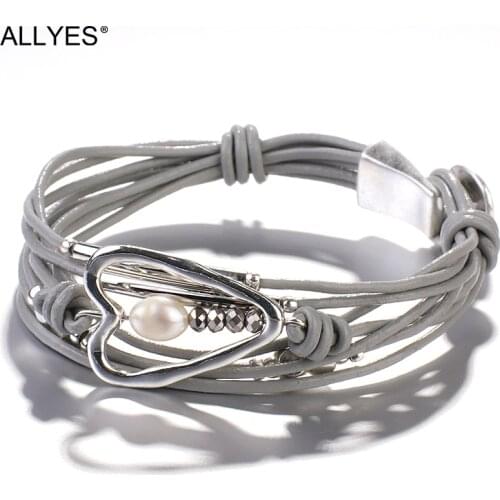 ALLYES Heart Charm Pearl Beads Bracelet for Women Fashion Multilayer Leather Wrap Bracelets Braided Jewelry