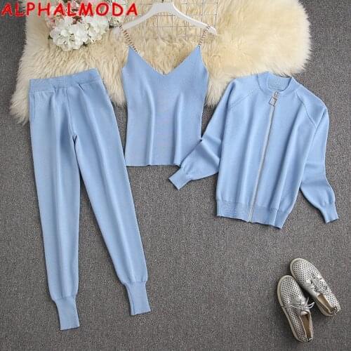 ALPHALMODA 2021 Spring New Color Zipper Cardigan Chain Vest Pants Women 3pcs Knitted Suits Candy Color Good Quality 3pcs Outfit