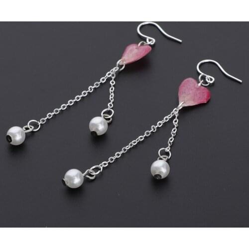 1Pair Epoxy Resin Covered Dried Flowers Ear Hooks Pearl Tassel Earring Findings