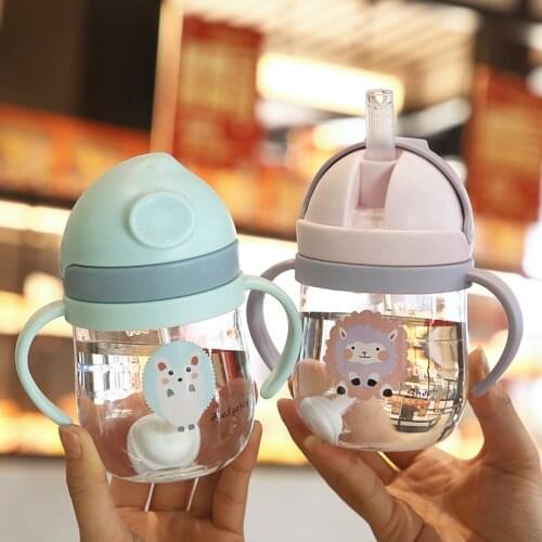250ml Baby Feeding Cup with Straw Cartoon Pattern Outdoor Child Training Drinking Bottle for Kids Portable Handle Water Bottle