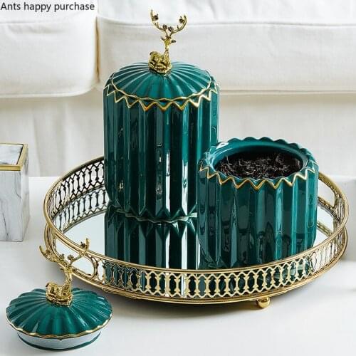 American Dark Green Ceramic Tea Caddy Sealed Candy Storage Box Golden Deer Porcelain Jewelry Storage Jar Home Decoration Modern