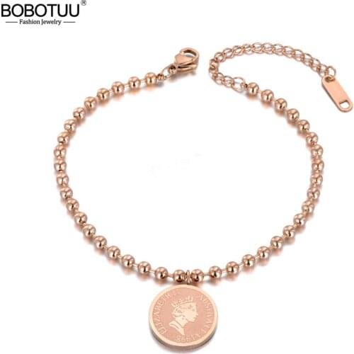 BOBOTUU Stainless Steel Queen Elizabeths Picture Charm Bracelets For Women Girl Rose Gold Chain & Link Bracelet Jewelry BB19109