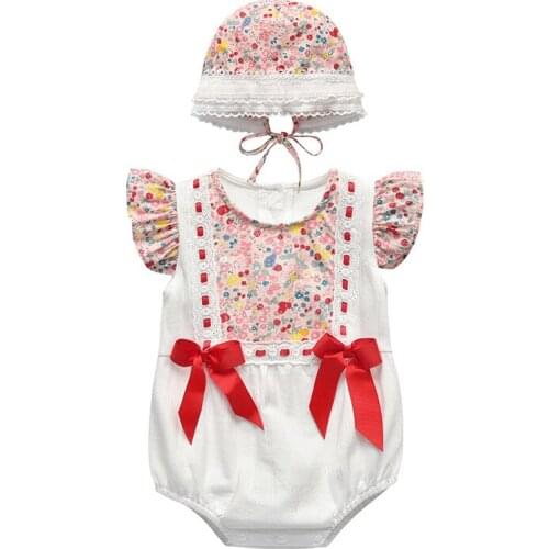Summer Baby Girls Bodysuits Floral Printed Ruffles Newborn Infant Jumpsuits with Lace Hat 0-24M 2Color