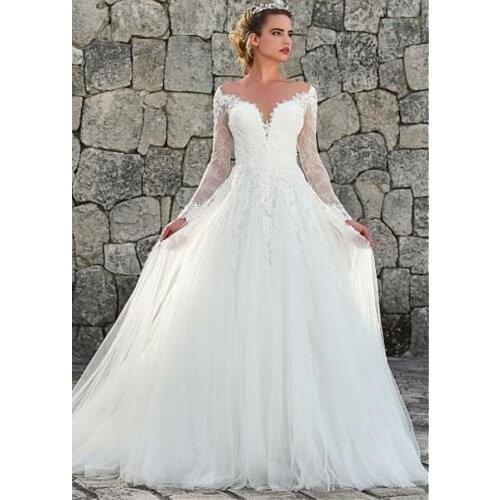 Marvelous A-Line Tulle Gowns Illusion Neckline Wedding Dress Long Sleeve Custom Made Appliques Sexy Back