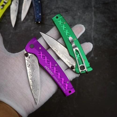 Damascus pattern camp hunt pocket survival EDC tools tactical outdoor flipper folding kitchen knife