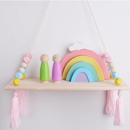 Nordic Style Nersery Decor Wooden Wall Shelf With Pearl And Tassel Kids Room Clothes Toys Decoration Organizer Storage Holders