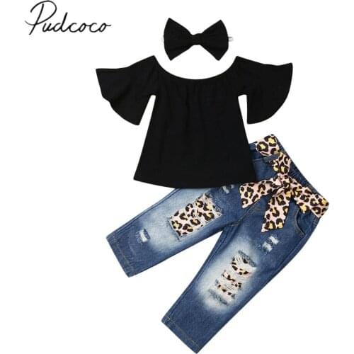 2019 Baby Summer Clothing Toddler Baby Girl Off-Shoulder Flare Sleeve T-Shirt Leopard jeans Sash Pants Headband 3Pcs Set 1-6T