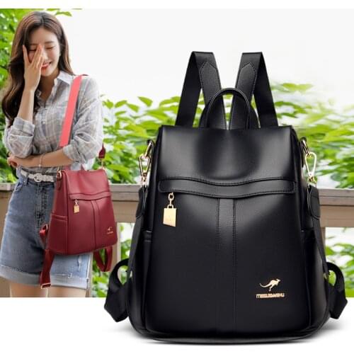 Anti Theft Design Backpacks for Women 2021 Black Multifunction Backpack Shoulder Bookbag Female Soft Pu Leather School Backpack