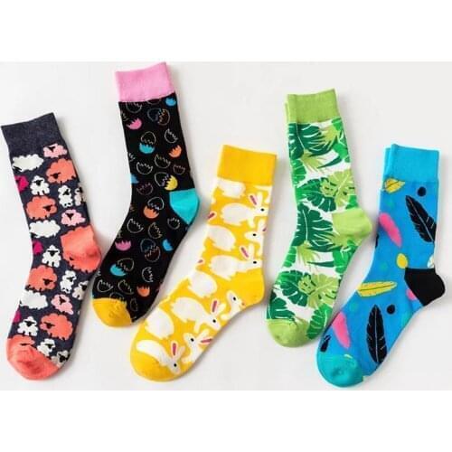 Women Personality Couples Funny Happy Socks Cotton Men Socks Woman Soks Egg Rabbit Feather Sheep Socks Leaves
