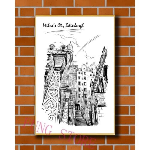 K108 Retro European Buildings Manuscript Picture Custom Silk Poster Home Deco Wall Art Christmas Gift