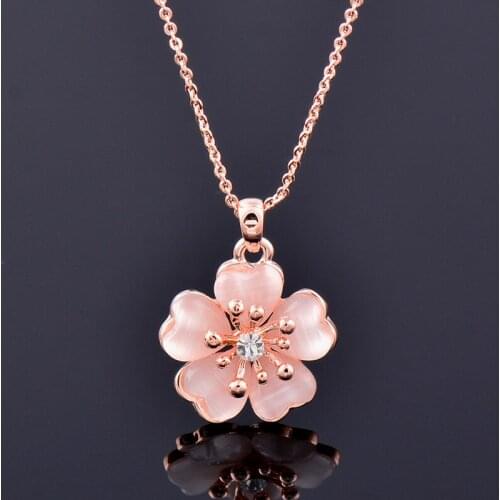 KIOOZOL Vintage Pink Blue Beige Opal Flower Necklace Pendants For Women Girl Wedding Chain Vintage Jewelry Gifts 260 KO1