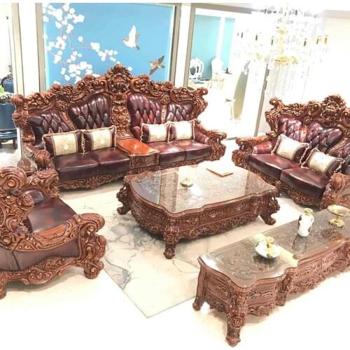 European-style Leather Solid Wood Luxury Carved Villa Living Room Oversized Sofa Sofa Leisure Home
