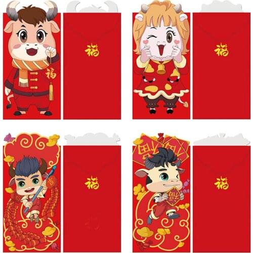 6Pcs 2021 Ox Year Red Envelope Cartoon Cute Cow Pattern 3-D Special-Shaped Thickened Money Bag Chinese New Year Supplies