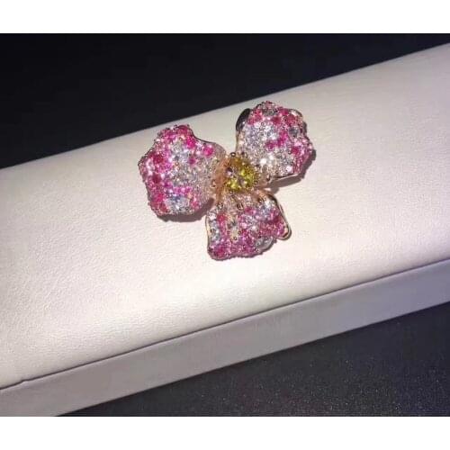 Cute 925 sterling silver with cubic zircon pink flower brooch pins for girl & women fine jewelry free shipping