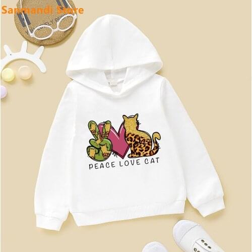 Cute Kids Hoodie Peace Love Cat/Dog/Flamingo Animal Print Boys Girls White Hooded Sweatshirt Plus Velvet Fleece Pullover 3-16Y