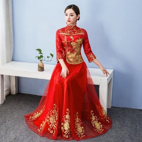 Fashion Red Bride Wedding Dress Qipao Chinese Style Phoenix Cheongsam Evening Dresses Slim Retro Cheongsam Dress