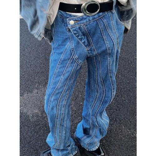 Fashion Design Mens Blue Jeans Pants Irregular Boot Cut Trousers