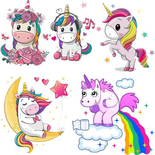 Cartoon Unicorn Ironing Stickers Heat Transfer Vinyl Patch Thermal Iron On Transfer For Clothes Baby T-shirt Cute Appliques