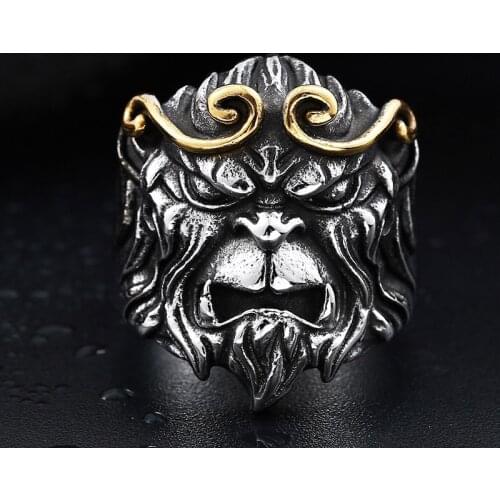 Mens Fashion 316L Stainless Steel Monkey King Vintage Ring Mens Punk Rock Ring