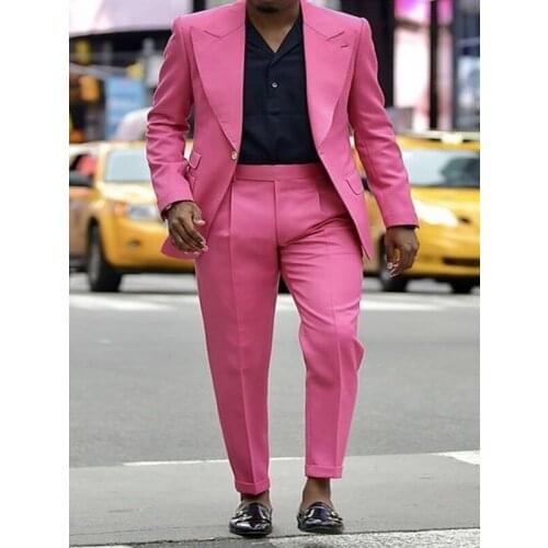Mens Wedding Suits Two Pieces Hot Pink Single Breasted Stylish Peak Lapel Slim Fit Stylish Blazer Jackets Pants Costumes