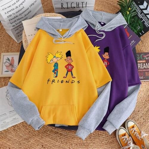 Autumn Winter Hit Color Splicing Fleece Hoodies Women Cartoon Anime Friends Print Fashion Korean Harajuku Streetwear Sweatshirt